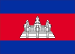 [ai] The flag of Cambodia, featuring a red field with a blue top and bottom stripe. In the center, a white depiction of the Angkor Wat temple and two towers.